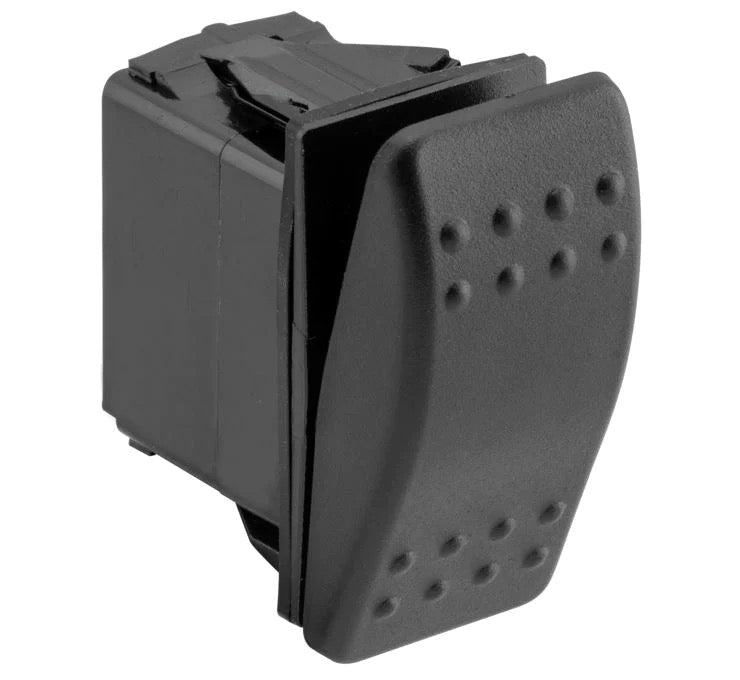 A black 2-way momentary rocker switch designed for use in vehicles, visible from the front view with the mounting panel and grip button visible.