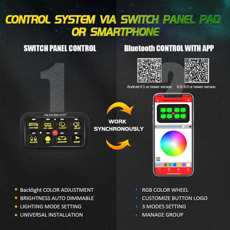 AR-800 RGB SWITCH PANEL WITH APP, TOGGLE/ MOMENTARY/ PULSED MODE SUPPORTED w/ 3.94ft extension cord & Sticker kit