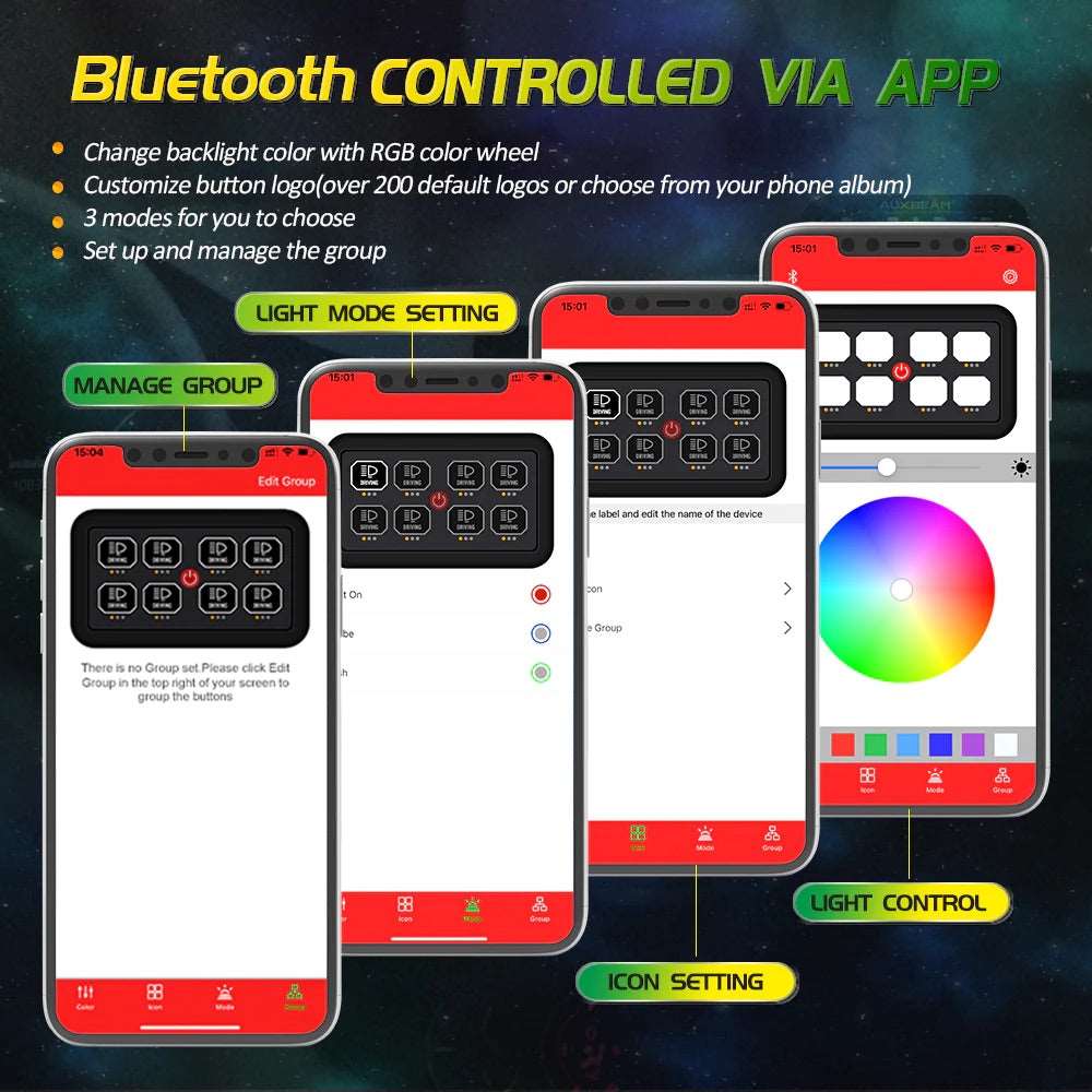 AR-800 RGB SWITCH PANEL WITH APP, TOGGLE/ MOMENTARY/ PULSED MODE SUPPORTED w/ 3.94ft extension cord & Sticker kit