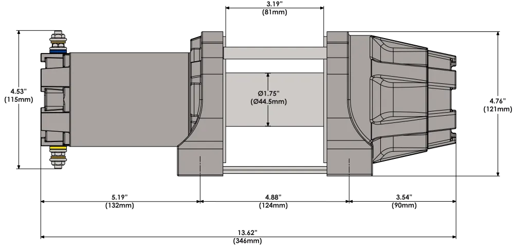 KFI AS-35 Assault 3500 lb Synthetic Rope Winch Dimmensions