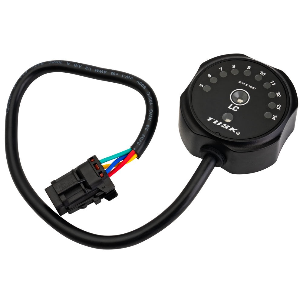 A Tusk RPM Launch Control Device with a black casing, LED indicators, and a connected multi-colored wire harness.